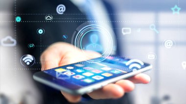 İşadamı app ve sosyal Icon simge iletişim çevreleyen ile smartphone kullanarak görünümünü