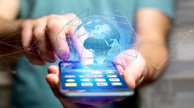 Akıllı telefon kullanan ile bağlantılı ağ üzerinden dünya küre kavram futuristik bir arayüze işadamı görünümünü