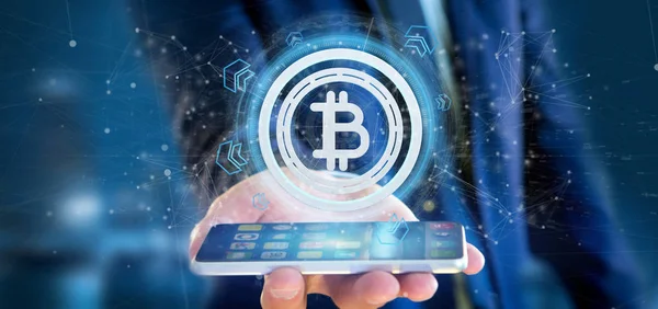 Teknoloji Bitcoin simgesi üzerinde daire tutan adam görünümünü 
