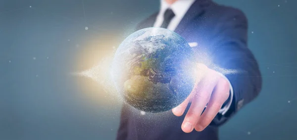 Vista Businessman Sosteniendo Rendering Particles Earth Globe —  Fotos de Stock