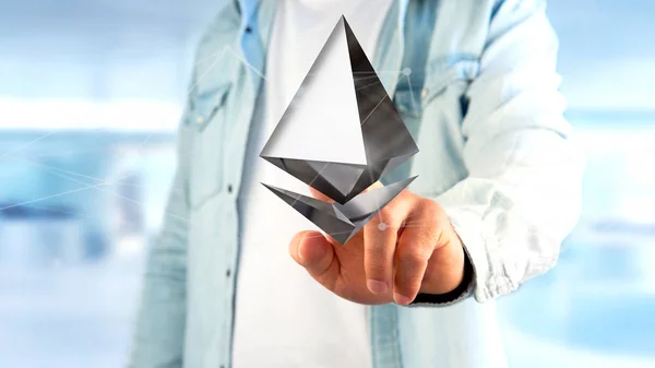 Blick Auf Geschäftsmann Der Kryptowährungszeichen Mit Ethereum Hält Fliegt Die — Stockfoto