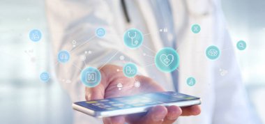 Tıbbi simge ve bağlantı 3 boyutlu görüntüleme yapan bir işadamı görüntüsü