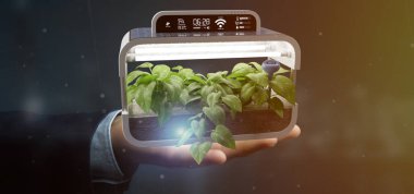 Bağlı bir dijital bitkisel bitki tutan bir Businesmann görünümünü 