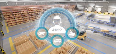 Bir ambar arka plan 3d render bir müşteri hizmeti kavramının görünüm