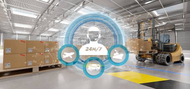 Bir ambar arka plan 3d render bir müşteri hizmeti kavramının görünüm