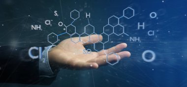 Bir arka plan üzerinde izole molekül yapısı oluşturma 3d tutan bir işadamı görünümünü