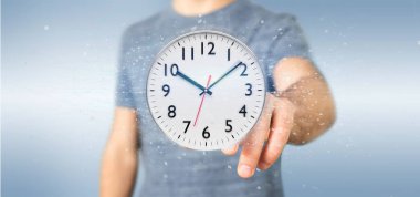 Bir saat zamanlayıcı 3d render tutan bir adam görünümü