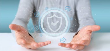 Bir kalkan web güvenlik kavramı 3d render tutan bir adam görünümü