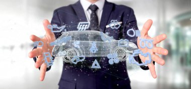 Smartcar simgesi bir otomobil 3d render etrafında tutan bir adam görünümü
