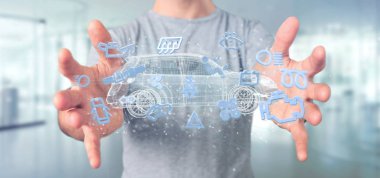 Smartcar simgesi bir otomobil 3d render etrafında tutan bir adam görünümü