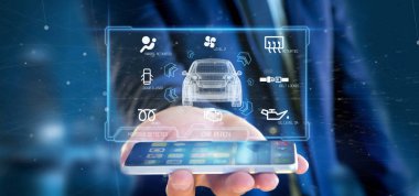 Bir pano smartcar arabirimi Pano 3d render tutan bir adam görünümü