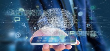 Yapay zeka kavramı ile bir beyin ve app oluşturma 3d tutan bir işadamı görünümünü