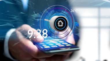 Bir akıllı ev otomasyon uygulaması bir düğme bir smartphone-3d render üzerinde tutan bir işadamı görünümünü