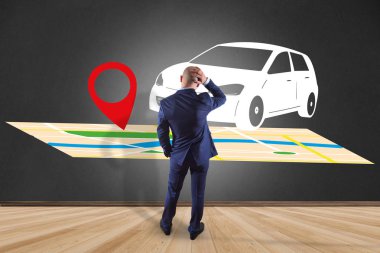 Bir duvarın önünde bir işadamı bir araba ile görünümünü pim tutucu ile-bir harita üzerinde Gps ve yerelleştirme kavramı