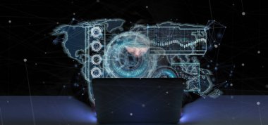 Bir Hacker bir teknoloji arabirimi 3d render tutan adam görünümünü