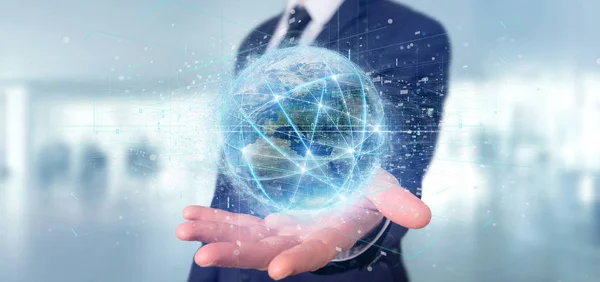 View Man Holding Connection World Globe Isolated Rendering — Stock Photo, Image