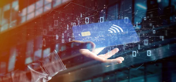 Temassız kredi kartı ödeme kavramı 3d render tutan bir adam görünümü