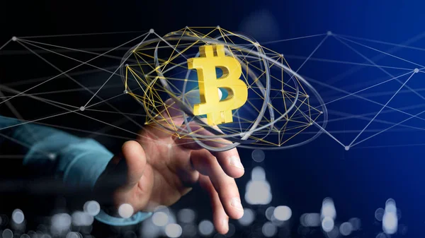 Vista Empresario Sosteniendo Signo Criptomoneda Bitcoin Volando Alrededor Una Conexión — Foto de Stock