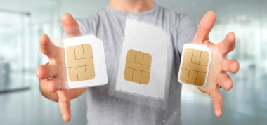 Smartphone SIM kartı 3d render farklı boyutunu tutan işadamı görünümünü