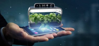 Dijital bitkisel bitki bağlı tutan businesman görünümünü 