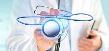 3d render sağlık stetoskop tutan Doktor görünümünü