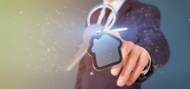 Anahtar ve ev 3d render tutan adam görünümünü