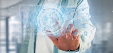 Teknoloji Bitcoin simgesi daire 3d render üzerinde tutan adam görünümünü