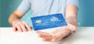 Temassız kredi kartı ödeme kavramı 3d render tutan adam görünümünü