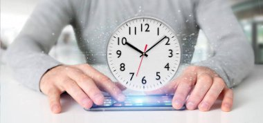 Görünümü saat zamanlayıcı 3d render tutan adamın