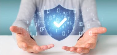 Kalkan web güvenlik kavramı 3d render tutan adam görünümünü