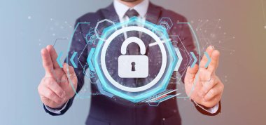 Asma kilit web güvenlik kavramı 3d render tutan adam görünümünü