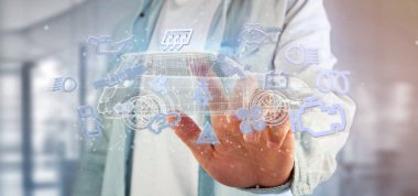 Smartcar simgeler otomobil 3d render etrafında tutan adam görünümünü