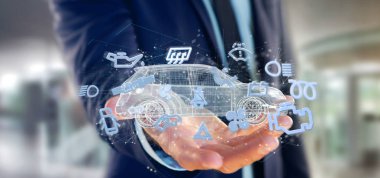 Smartcar simgeler otomobil 3d render etrafında tutan adam görünümünü