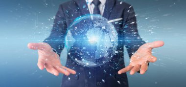 3d render veri dünya küre tutan işadamı görünümünü