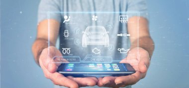 Pano smartcar arabirimi Pano 3d render tutan adam görünümünü