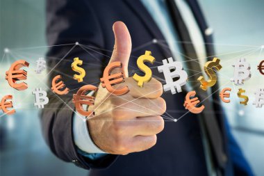 Dolar, Euro ve Bitcoin işaretleri ağ bağlantı - 3d render uçan görünümü