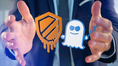 Meltdown ve Spectre işlemci saldırı ağ bağlantı - 3d render ile tutan işadamı görünümünü