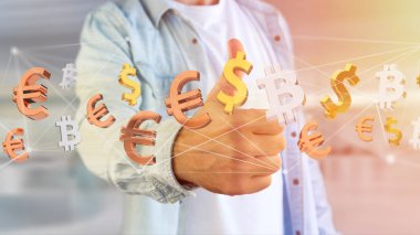 Dolar, Euro ve Bitcoin işaretleri ağ bağlantı - 3d render uçan görünümü