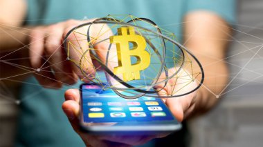 Ağ bağlantı - 3d render uçan Bitcoin kripto para birimi işaretiyle smartphone kullanarak işadamı görünümünü