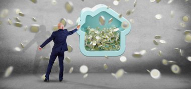 Evi servet sikke üzerinde tüm 3d render çevreleyen ile tutan adam görünümünü