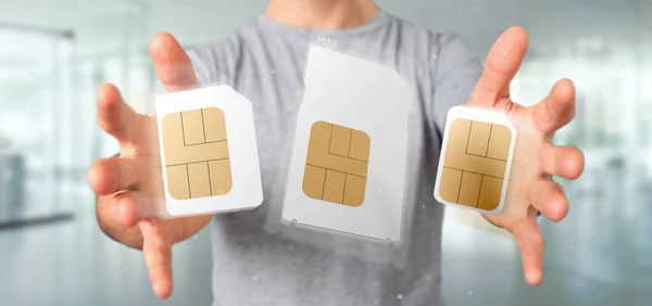 Ansicht des Geschäftsmannes mit unterschiedlicher Größe der Smartphone-Sim-Karte 3d-Rendering — Stockbild Ansicht Des Geschäftsmannes Mit Unterschiedlicher Größe Der Smartphone Sim Karte — Stockfoto