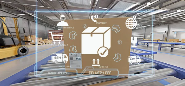 Ambar arka planda 3d render lojistik teslimat hizmeti uygulamasının görünümü