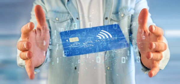 View Man Holding Contactless Credit Card Payment Concept Rendering — Stock Photo, Image