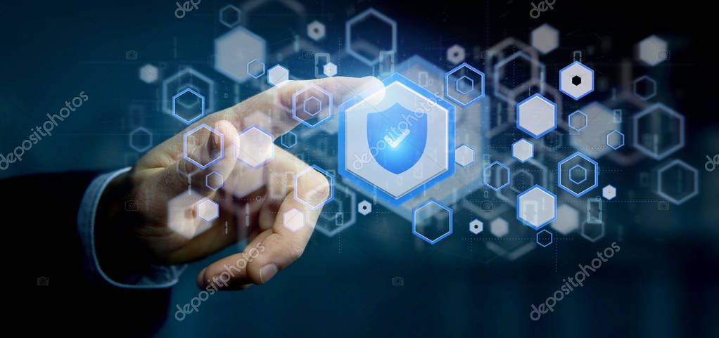View of Man holding Shield web security concept 3d rendering