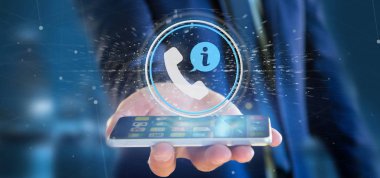 Bir müşteri ve yardım hattı hizmet düğmesini 3d render tutan bir işadamı görünümünü