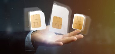 Görünümü farklı bir smartphone SIM kartı 3d render boyutunu tutan işadamı