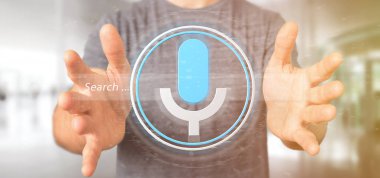 Görünüm düğmesini ve icon3d render ile bir vokal arama sistemi tutan işadamı