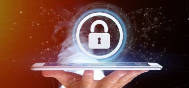 Bir asma kilit web güvenlik kavramı 3d render tutan bir adam görünümü