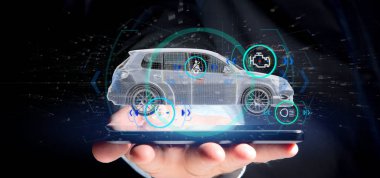 Checkings 3d render ile bir Smartcar tutan bir adam görünümü