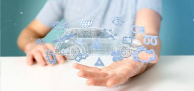 Smartcar simgesi bir otomobil 3d render etrafında tutan bir adam görünümü